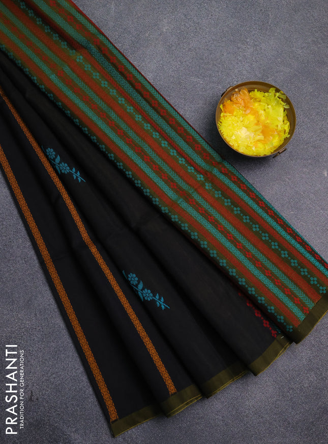 Kora silk cotton saree black and mustard yellow with thread weaves & buttas and simple border