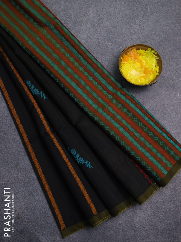 Kora silk cotton saree black and mustard yellow with thread weaves & buttas and simple border