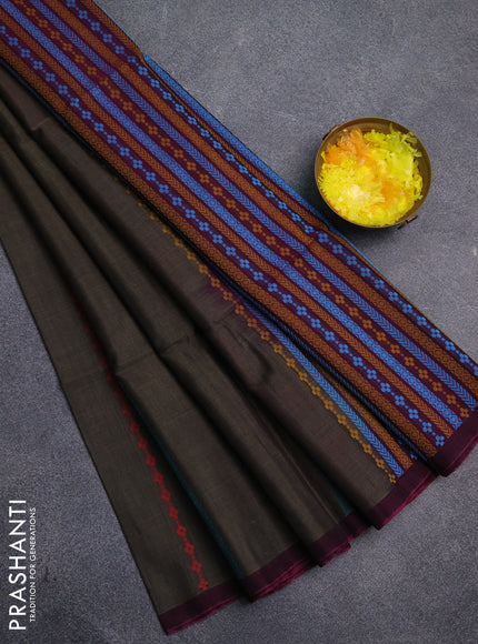Kora silk cotton saree olive green and magenta pink with thread weaves & buttas and simple border