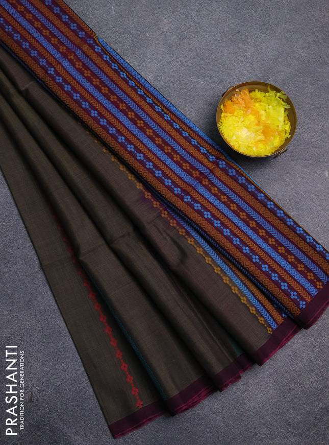 Kora silk cotton saree olive green and magenta pink with thread weaves & buttas and simple border