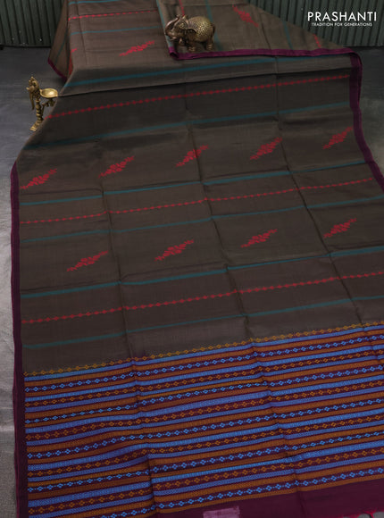 Kora silk cotton saree olive green and magenta pink with thread weaves & buttas and simple border