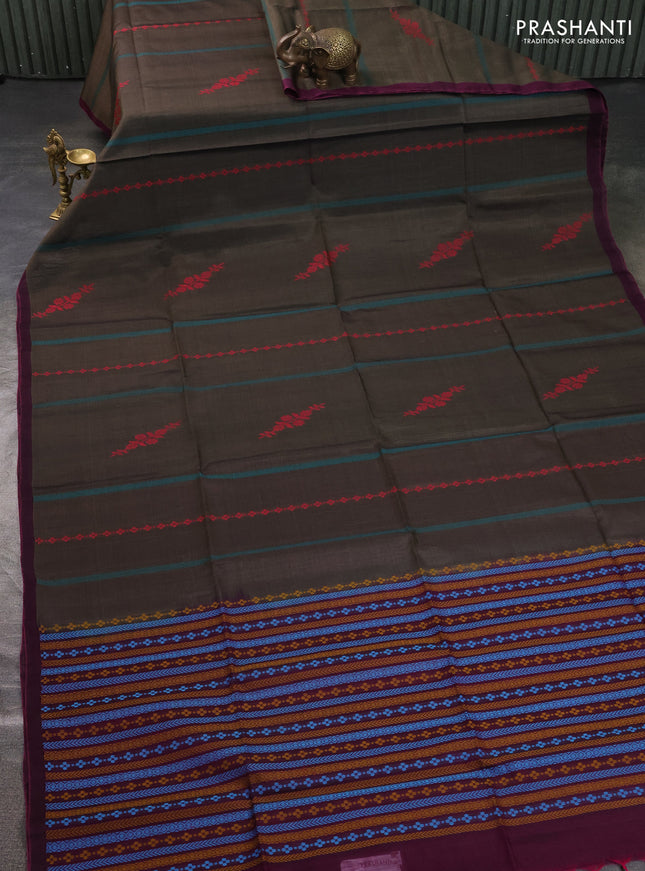 Kora silk cotton saree olive green and magenta pink with thread weaves & buttas and simple border