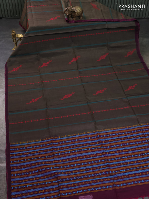 Kora silk cotton saree olive green and magenta pink with thread weaves & buttas and simple border