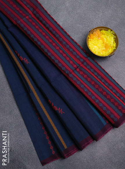Kora silk cotton saree peacock blue and magenta pink with thread weaves & buttas and simple border
