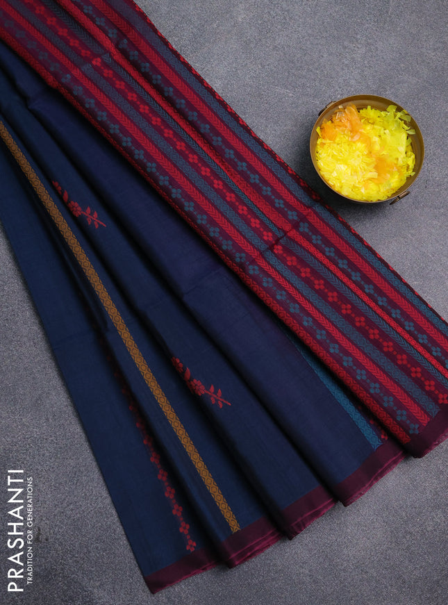 Kora silk cotton saree peacock blue and magenta pink with thread weaves & buttas and simple border
