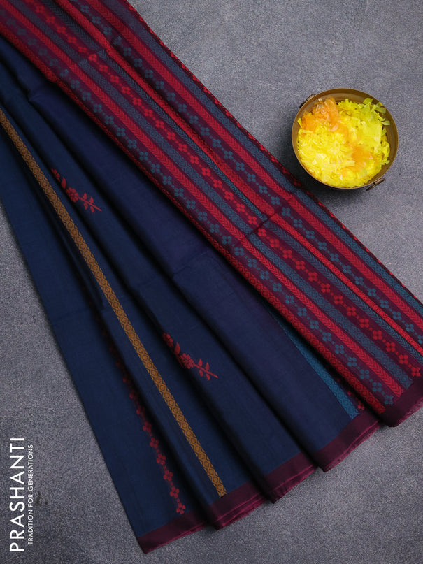 Kora silk cotton saree peacock blue and magenta pink with thread weaves & buttas and simple border