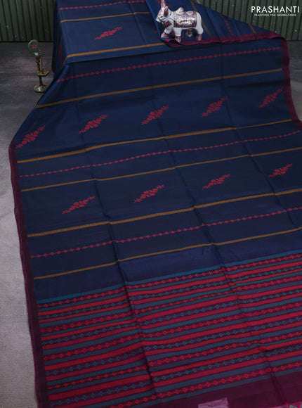 Kora silk cotton saree peacock blue and magenta pink with thread weaves & buttas and simple border