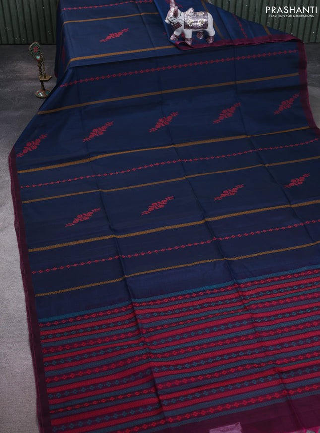 Kora silk cotton saree peacock blue and magenta pink with thread weaves & buttas and simple border