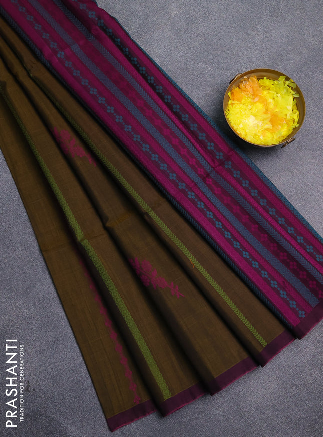 Kora silk cotton saree mehendi green and magenta pink with thread weaves & buttas and simple border