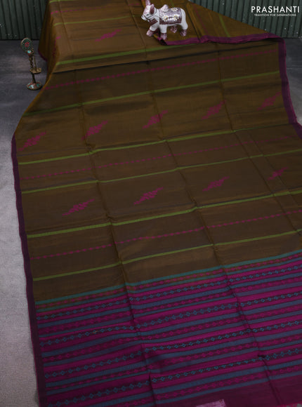 Kora silk cotton saree mehendi green and magenta pink with thread weaves & buttas and simple border