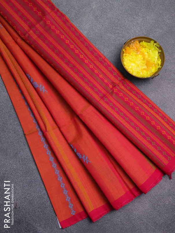 Kora silk cotton saree orange and pink with thread weaves & buttas and simple border