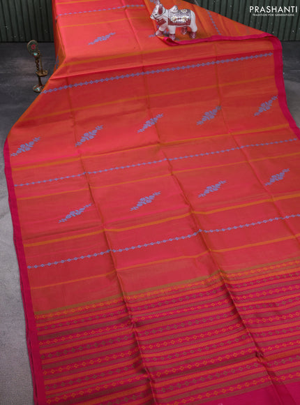 Kora silk cotton saree orange and pink with thread weaves & buttas and simple border