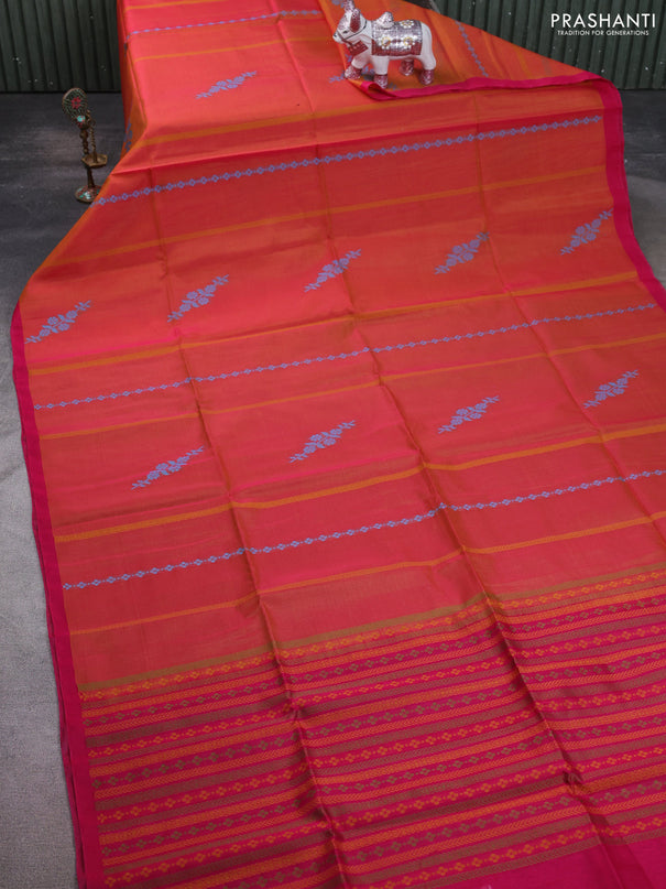 Kora silk cotton saree orange and pink with thread weaves & buttas and simple border