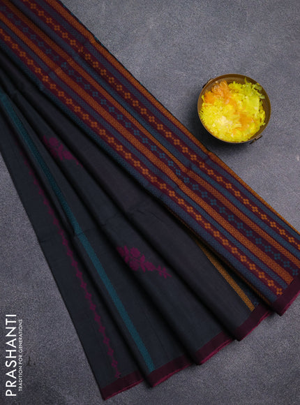 Kora silk cotton saree dark grey and pink with thread weaves & buttas and simple border