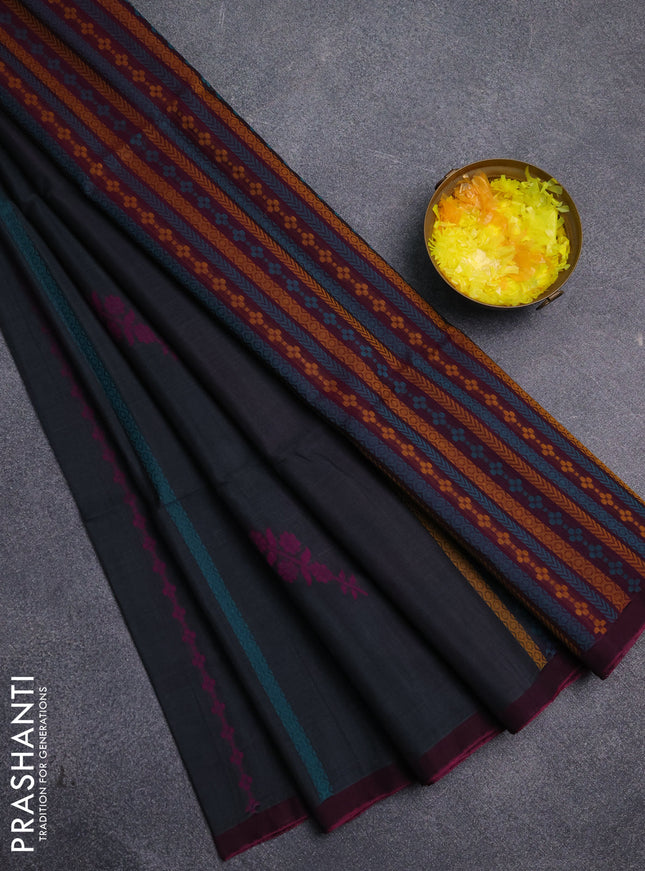 Kora silk cotton saree dark grey and pink with thread weaves & buttas and simple border