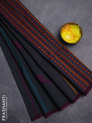 Kora silk cotton saree dark grey and pink with thread weaves & buttas and simple border