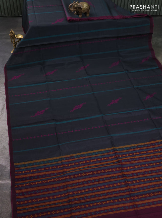 Kora silk cotton saree dark grey and pink with thread weaves & buttas and simple border