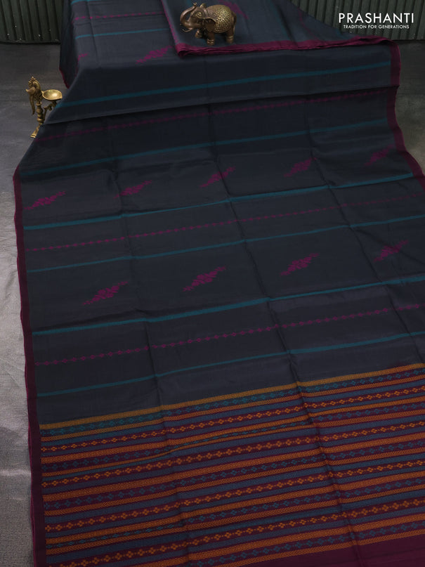Kora silk cotton saree dark grey and pink with thread weaves & buttas and simple border