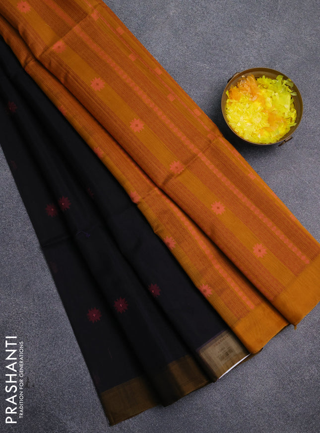 Kora silk cotton saree black and mustard yellow with thread woven buttas and simple border