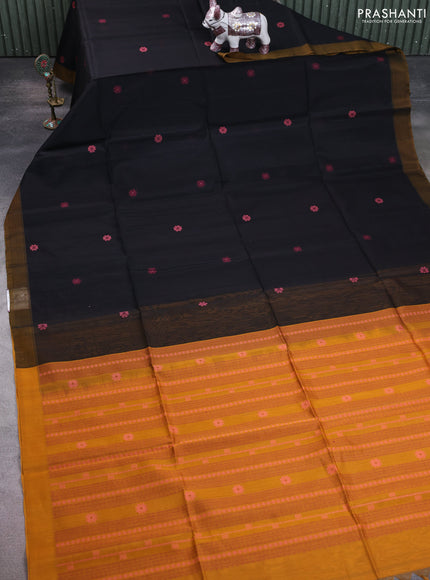 Kora silk cotton saree black and mustard yellow with thread woven buttas and simple border