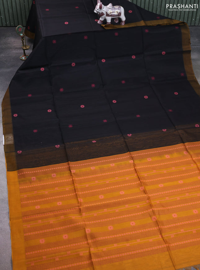 Kora silk cotton saree black and mustard yellow with thread woven buttas and simple border