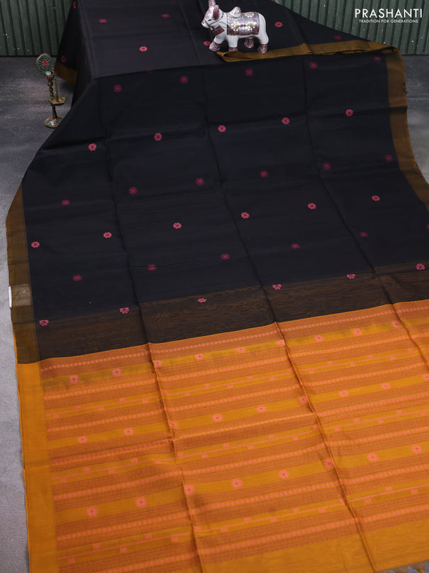 Kora silk cotton saree black and mustard yellow with thread woven buttas and simple border
