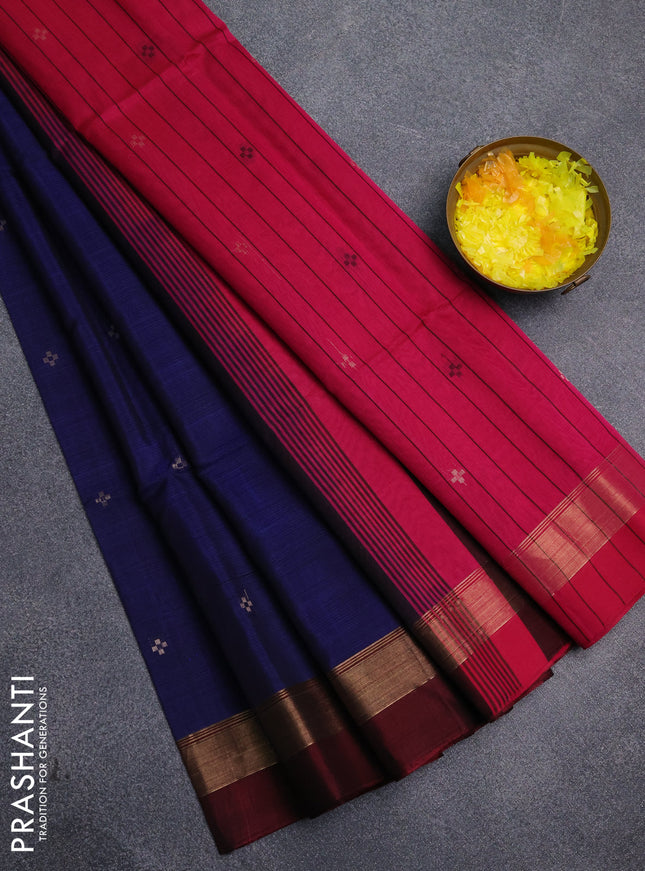 Kora silk cotton saree blue and pink with thread & zari woven buttas and zari woven simple border