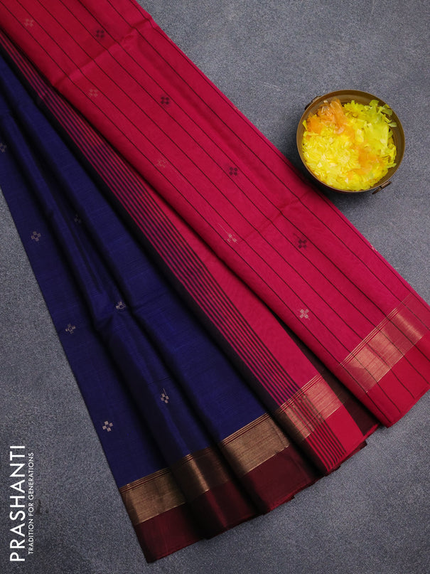 Kora silk cotton saree blue and pink with thread & zari woven buttas and zari woven simple border