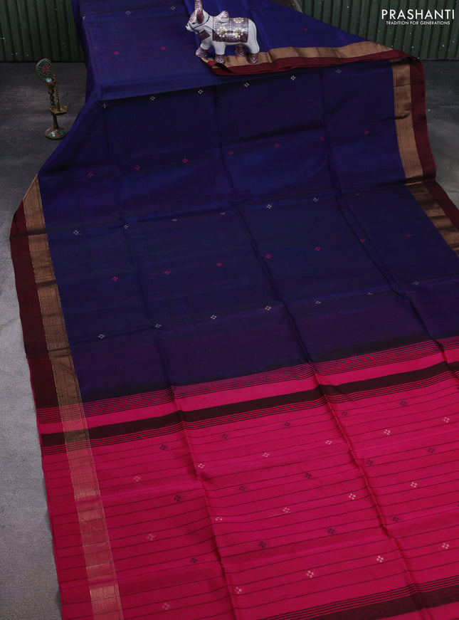 Kora silk cotton saree blue and pink with thread & zari woven buttas and zari woven simple border