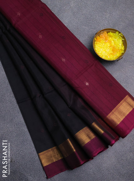 Kora silk cotton saree black and wine shade with thread & zari woven buttas and zari woven simple border