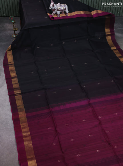 Kora silk cotton saree black and wine shade with thread & zari woven buttas and zari woven simple border