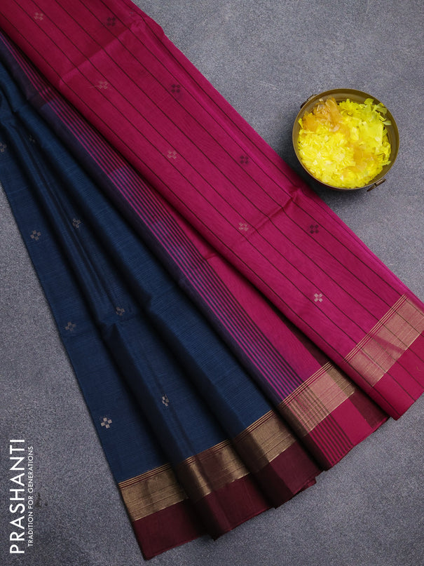Kora silk cotton saree peacock blue and pink with thread & zari woven buttas and zari woven simple border