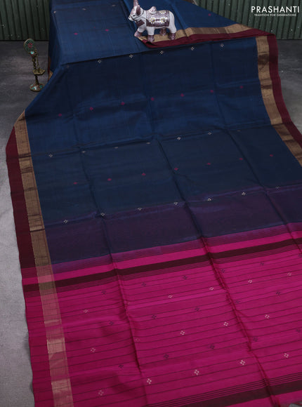 Kora silk cotton saree peacock blue and pink with thread & zari woven buttas and zari woven simple border