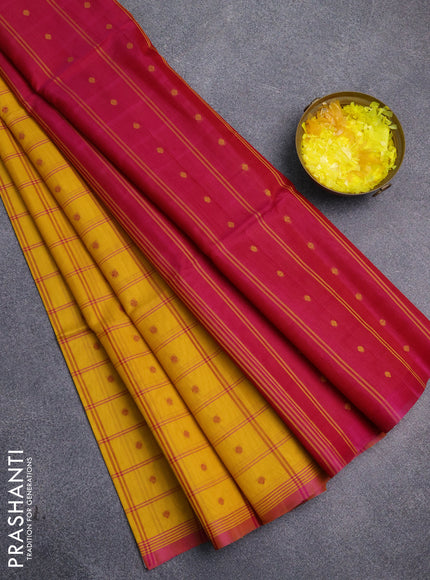 Kora silk cotton saree yellow and pink with allover checks & thread buttas and simple border