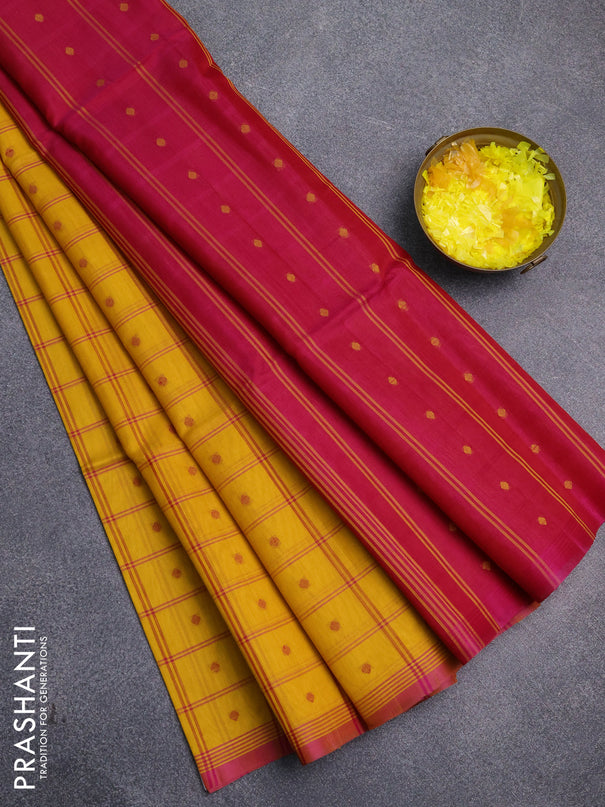 Kora silk cotton saree yellow and pink with allover checks & thread buttas and simple border