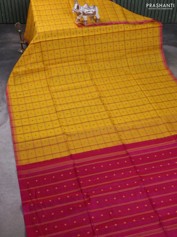 Kora silk cotton saree yellow and pink with allover checks & thread buttas and simple border