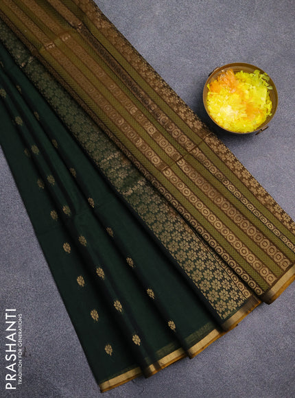 Kora silk cotton saree bottle green and dual shade of dark mustard with thread & zari woven buttas and zari woven piping border