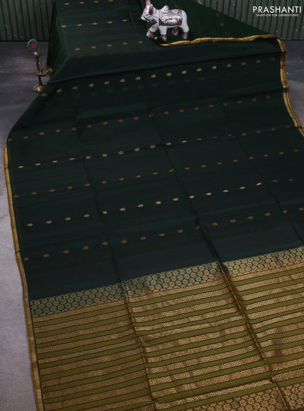 Kora silk cotton saree bottle green and dual shade of dark mustard with thread & zari woven buttas and zari woven piping border