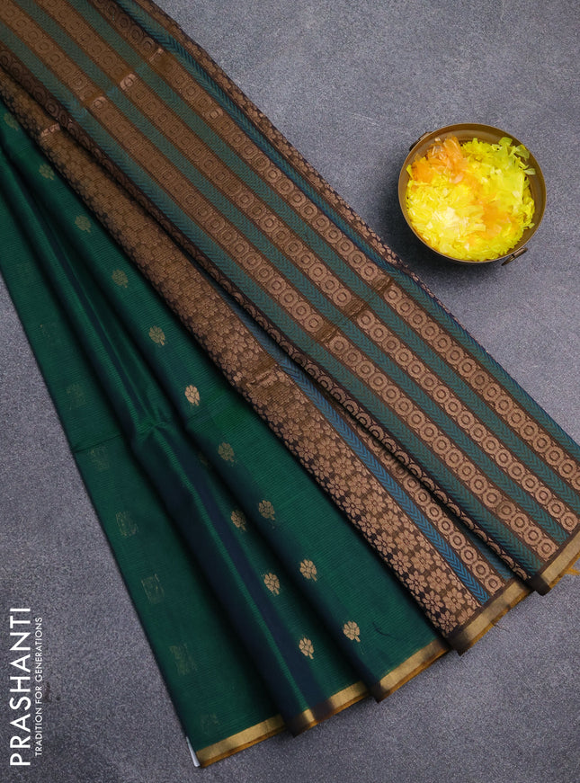 Kora silk cotton saree dual shade of green and dual shade of dark mustard with thread & zari woven buttas and zari woven piping border