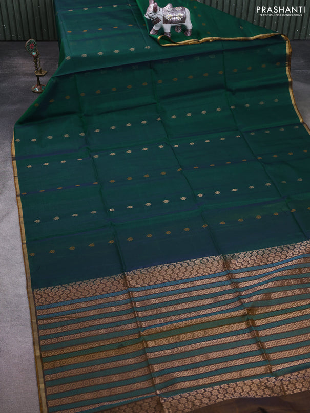Kora silk cotton saree dual shade of green and dual shade of dark mustard with thread & zari woven buttas and zari woven piping border