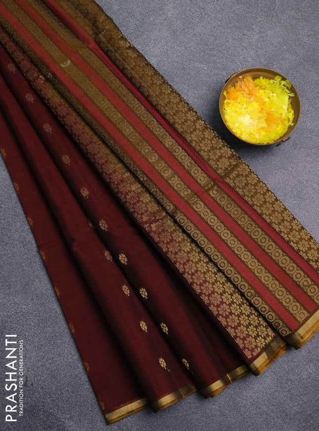 Kora silk cotton saree maroon and dark mustard with thread & zari woven buttas and zari woven piping border