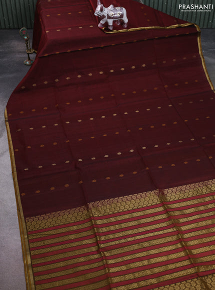 Kora silk cotton saree maroon and dark mustard with thread & zari woven buttas and zari woven piping border