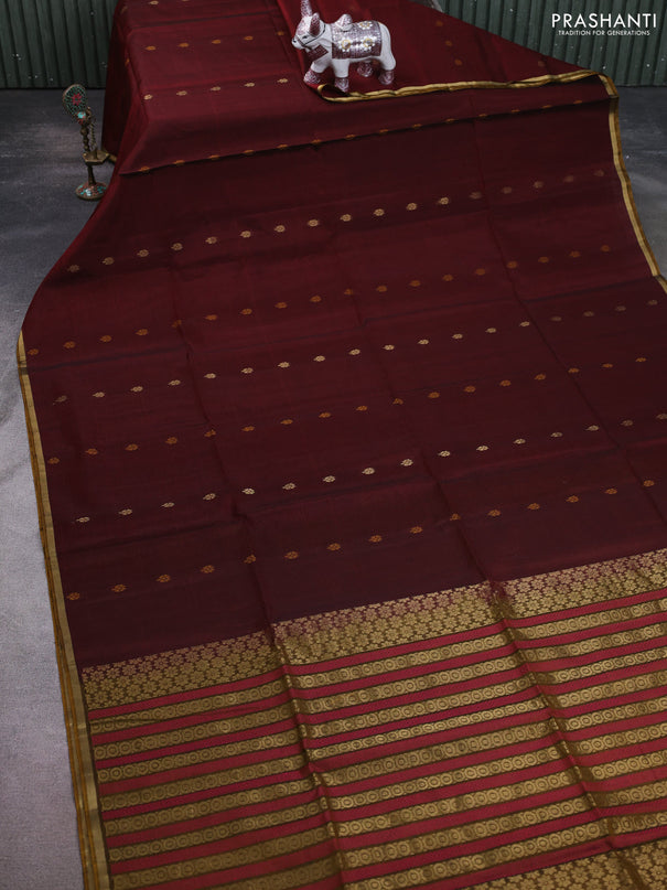 Kora silk cotton saree maroon and dark mustard with thread & zari woven buttas and zari woven piping border
