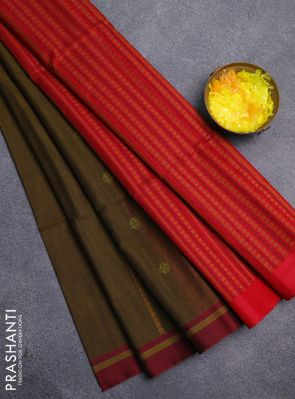 Kora silk cotton saree dark mustard and red with thread woven buttas and simple border