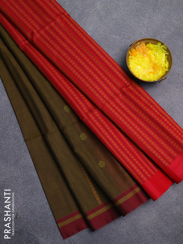 Kora silk cotton saree dark mustard and red with thread woven buttas and simple border