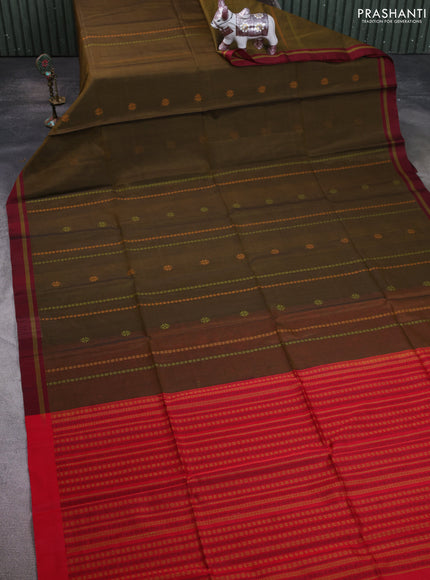 Kora silk cotton saree dark mustard and red with thread woven buttas and simple border