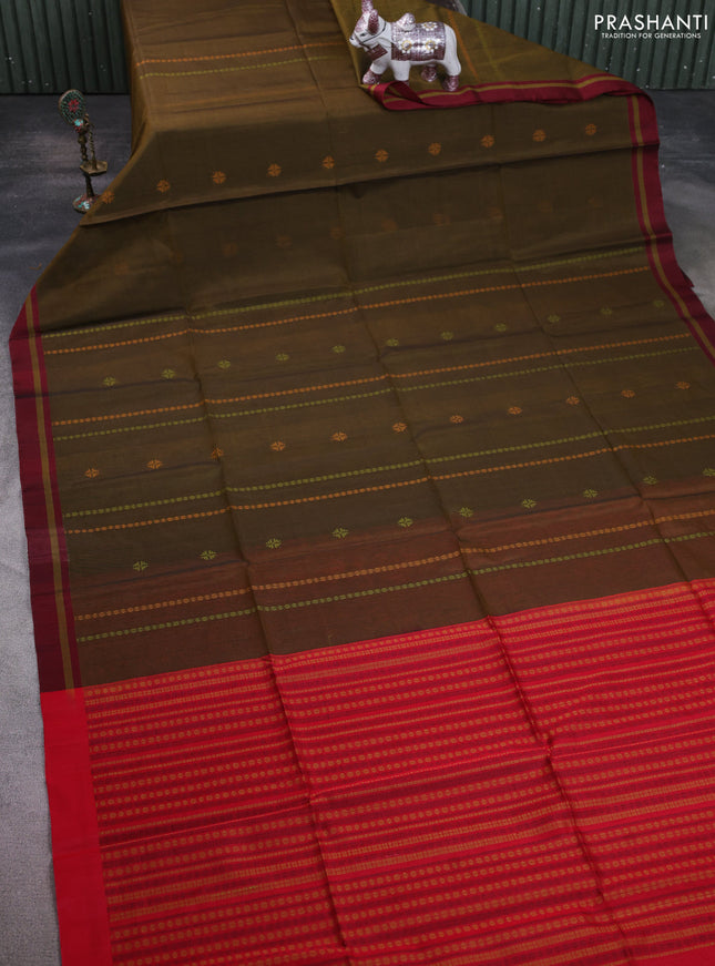 Kora silk cotton saree dark mustard and red with thread woven buttas and simple border