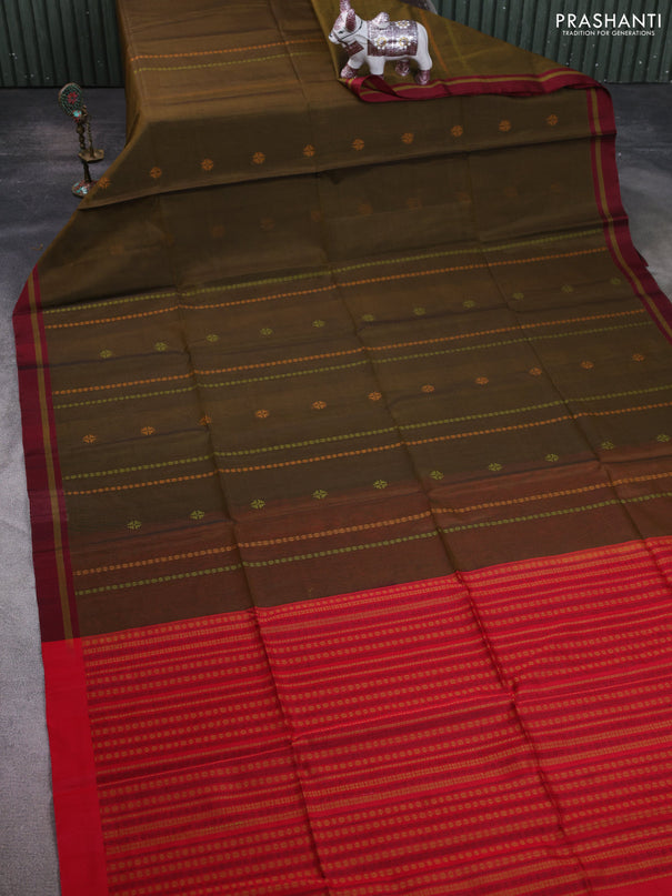 Kora silk cotton saree dark mustard and red with thread woven buttas and simple border
