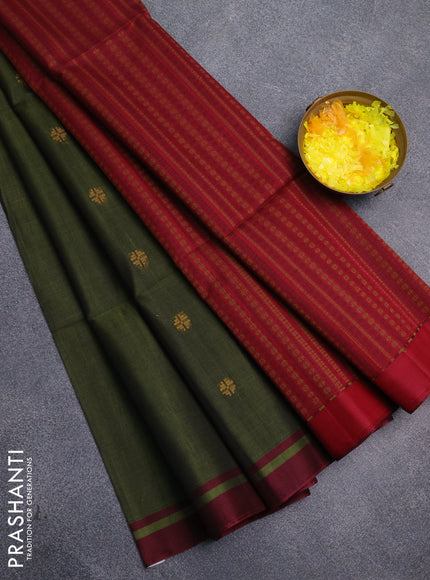 Kora silk cotton saree sap green and maroon with thread woven buttas and simple border