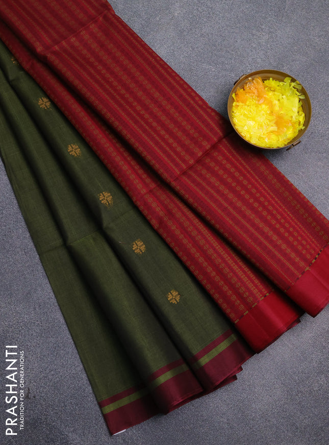 Kora silk cotton saree sap green and maroon with thread woven buttas and simple border